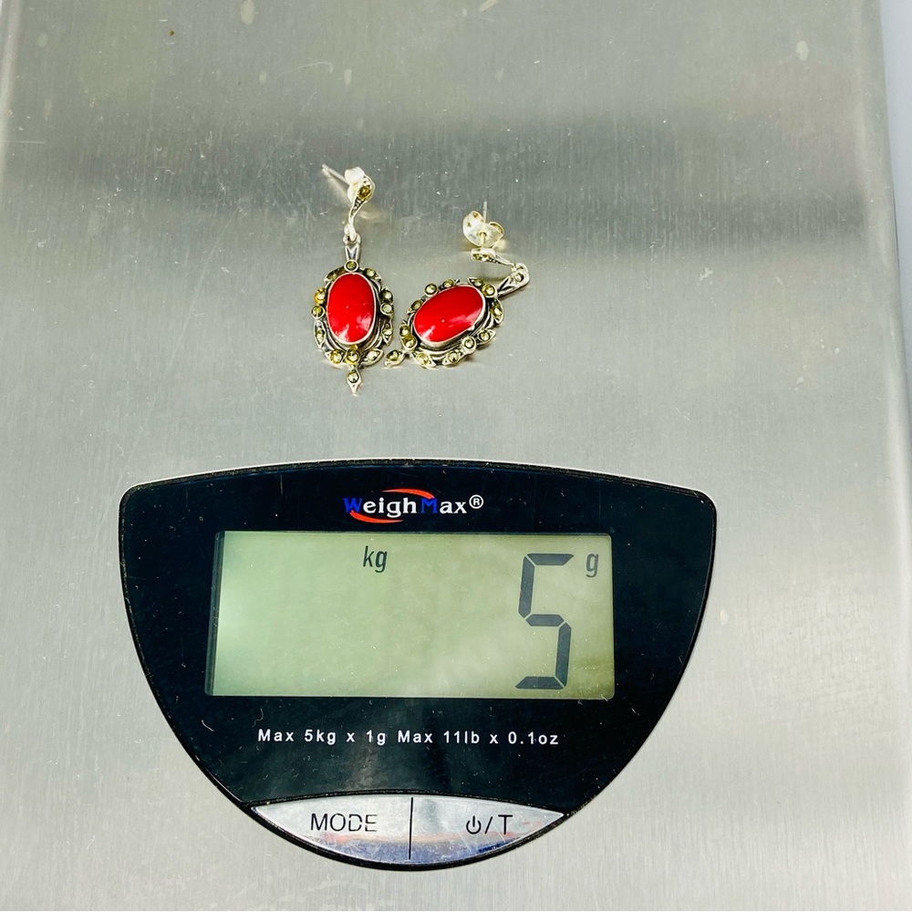 Vintage Sterling Silver Coral Red Cabochon & Marcasite Stones Earrings 1980s - Picture 16 of 16